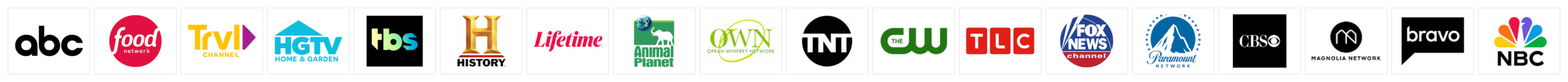 Featured on: ABC, Food Network, Travel Channel, HGTV, TBS, History, Lifetime, Animal Planet, OWN, TNT, The CW, TLC, Fox News, Paramount Network, CBS, Magnolia Network, Bravo, NBC